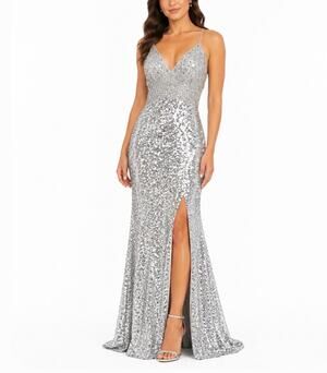 Terani Couture 251P4531 Silver Evening Gown Sequin Backless Halter Dress Size 6